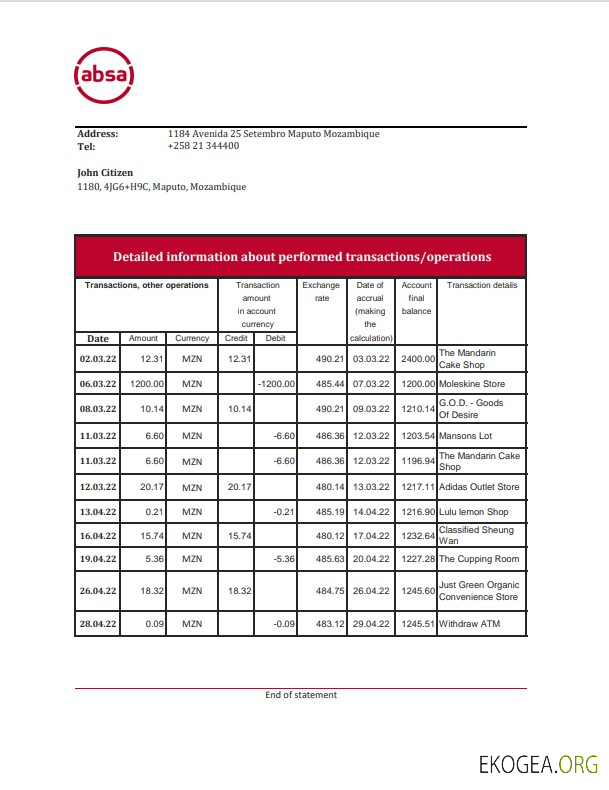 Modèle Excel et PDF de relevé bancaire ABSA du Mozambique